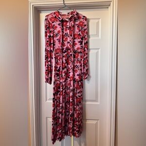 Karlie Pink Floral Long Sleeve Tiered Dress with Red & Purple Blooms